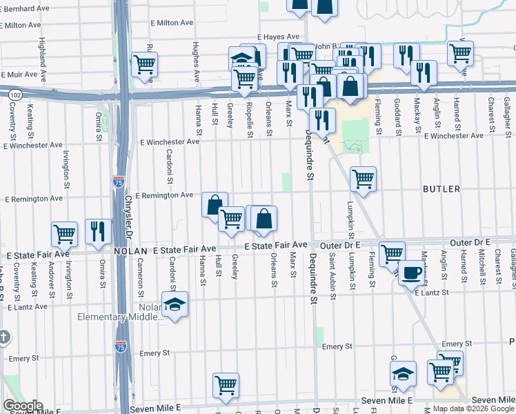 map of restaurants, bars, coffee shops, grocery stores, and more near 20100 Riopelle Street in Highland Park