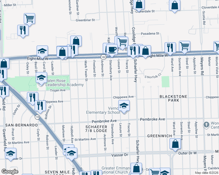 map of restaurants, bars, coffee shops, grocery stores, and more near 20230 Ardmore Street in Detroit