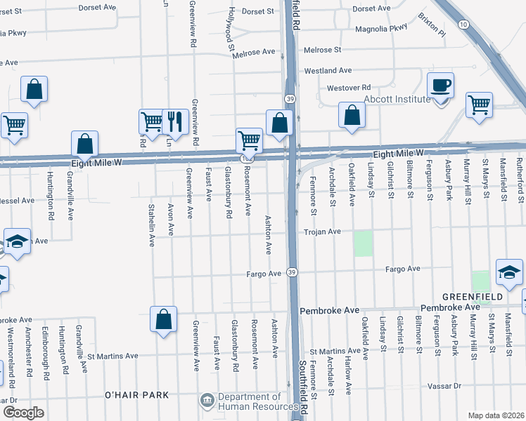 map of restaurants, bars, coffee shops, grocery stores, and more near 20315 Ashton Avenue in Detroit