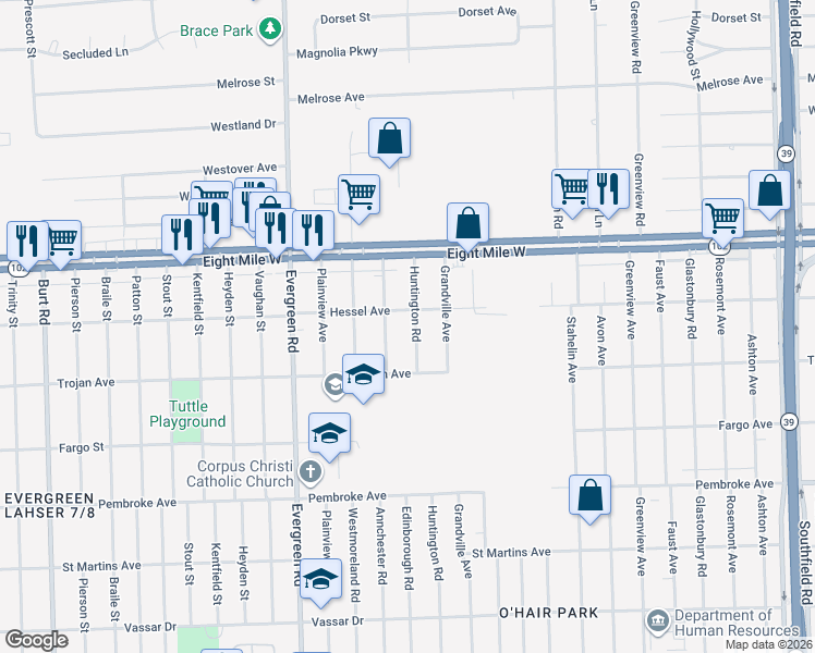 map of restaurants, bars, coffee shops, grocery stores, and more near 20511 Huntington Road in Detroit