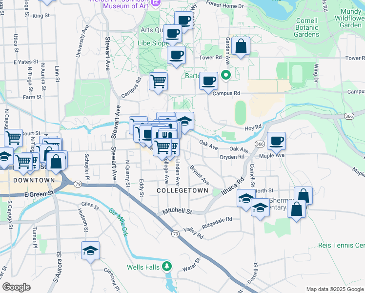 map of restaurants, bars, coffee shops, grocery stores, and more near 222 Dryden Road in Ithaca