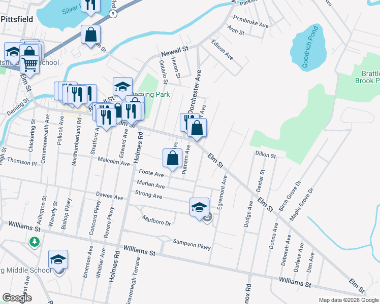 map of restaurants, bars, coffee shops, grocery stores, and more near 335 Elm Street in Pittsfield