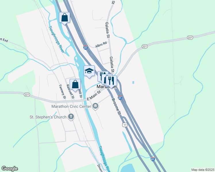 map of restaurants, bars, coffee shops, grocery stores, and more near 28 East Main Street in Marathon