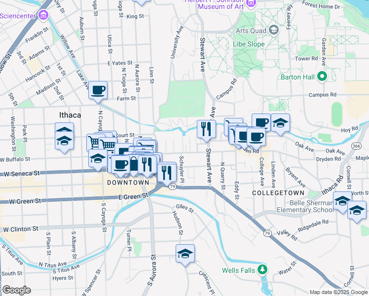 map of restaurants, bars, coffee shops, grocery stores, and more near 504 East Buffalo Street in Ithaca