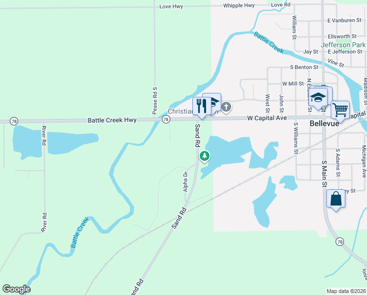 map of restaurants, bars, coffee shops, grocery stores, and more near 8610 Sand Road in Bellevue