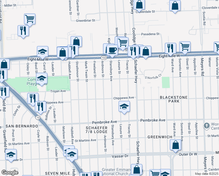 map of restaurants, bars, coffee shops, grocery stores, and more near 20230 Ardmore Street in Detroit