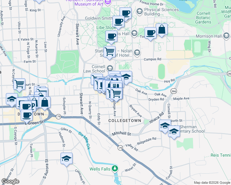 map of restaurants, bars, coffee shops, grocery stores, and more near 403 College Avenue in Ithaca