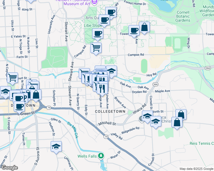 map of restaurants, bars, coffee shops, grocery stores, and more near 214 Dryden Road in Ithaca