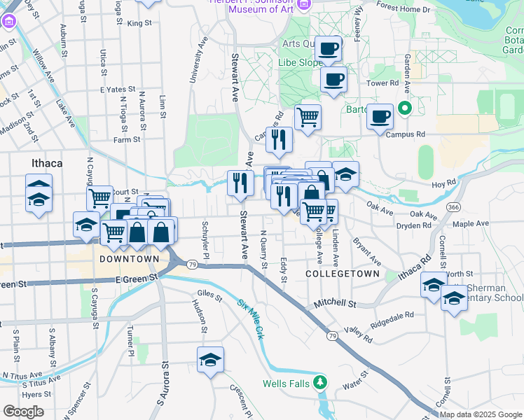 map of restaurants, bars, coffee shops, grocery stores, and more near 702 East Buffalo Street in Ithaca