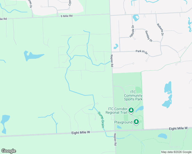 map of restaurants, bars, coffee shops, grocery stores, and more near 21405 Napier Road in Northville