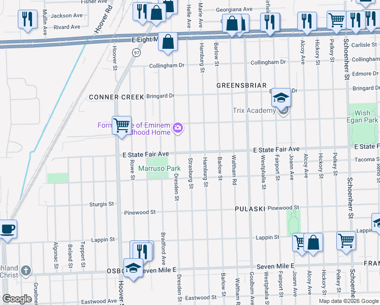 map of restaurants, bars, coffee shops, grocery stores, and more near E State Fair St & Strasburg Ave in Detroit