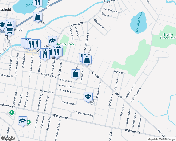 map of restaurants, bars, coffee shops, grocery stores, and more near 335 Elm Street in Pittsfield