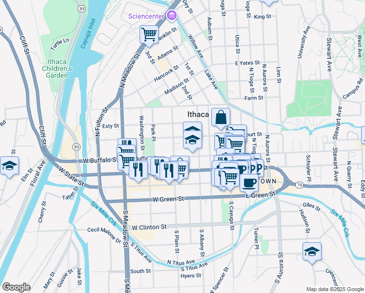 map of restaurants, bars, coffee shops, grocery stores, and more near 320 West Buffalo Street in Ithaca