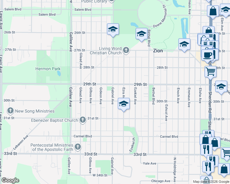 map of restaurants, bars, coffee shops, grocery stores, and more near 2913 Gabriel Avenue in Zion