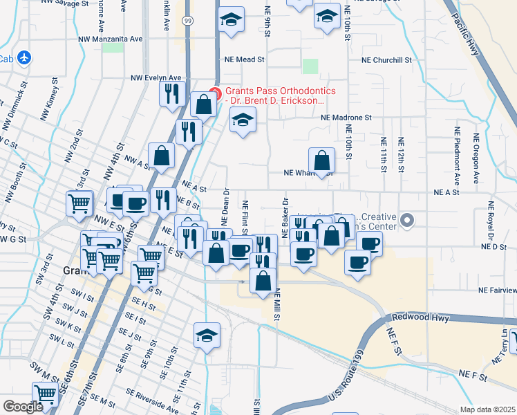 map of restaurants, bars, coffee shops, grocery stores, and more near 825 Northeast Clyde Place in Grants Pass