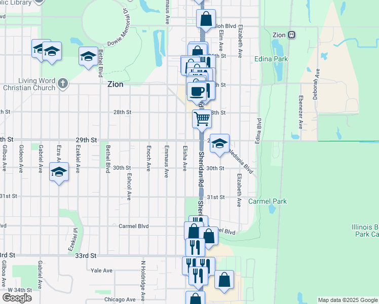 map of restaurants, bars, coffee shops, grocery stores, and more near 2909 Elisha Avenue in Zion