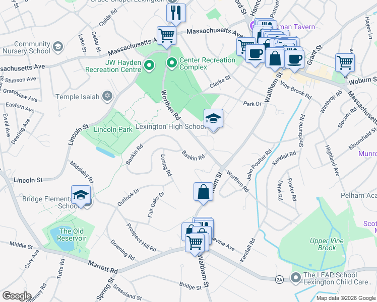 map of restaurants, bars, coffee shops, grocery stores, and more near 9 Baskin Road in Lexington