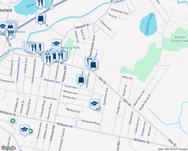 map of restaurants, bars, coffee shops, grocery stores, and more near 335 Elm Street in Pittsfield