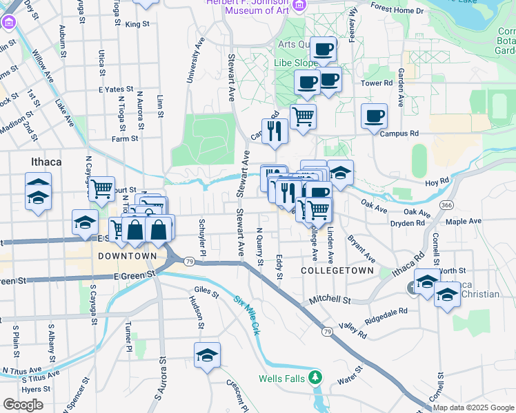 map of restaurants, bars, coffee shops, grocery stores, and more near 422 Eddy Street in Ithaca