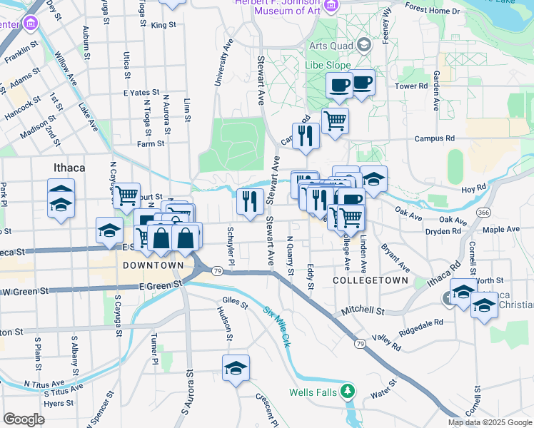 map of restaurants, bars, coffee shops, grocery stores, and more near in Ithaca