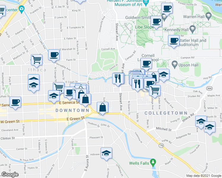 map of restaurants, bars, coffee shops, grocery stores, and more near 509-13 Edgewood Place in Ithaca