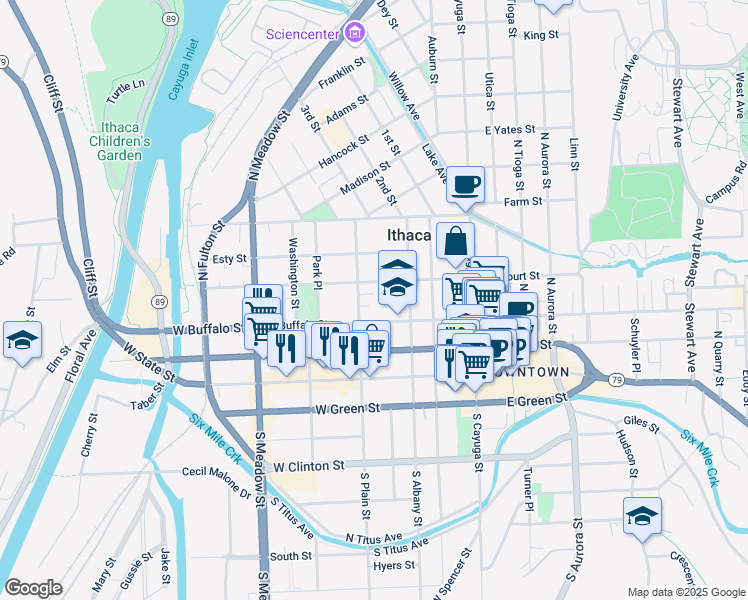 map of restaurants, bars, coffee shops, grocery stores, and more near 300-398 W Court St in Ithaca