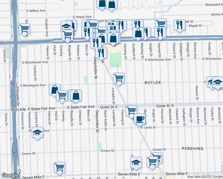 map of restaurants, bars, coffee shops, grocery stores, and more near 20046 Conant Street in Detroit