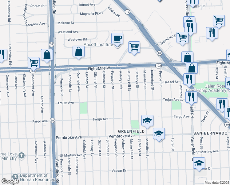 map of restaurants, bars, coffee shops, grocery stores, and more near 20300 Ferguson Street in Detroit