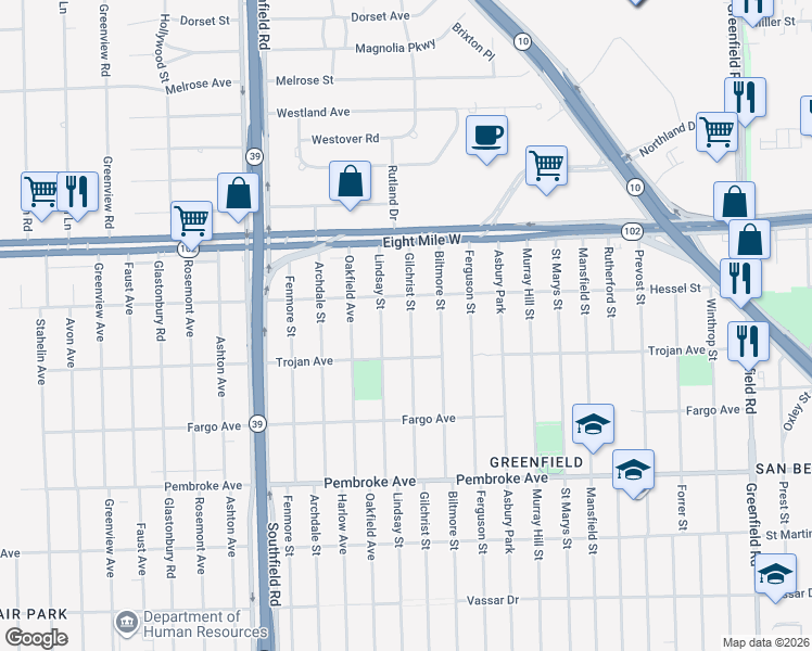 map of restaurants, bars, coffee shops, grocery stores, and more near 20309 Gilchrist Street in Detroit