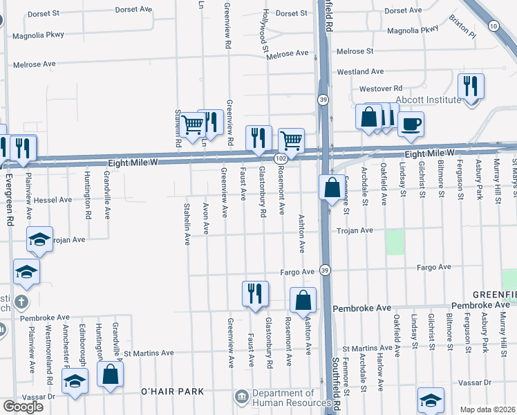map of restaurants, bars, coffee shops, grocery stores, and more near 20500 Faust Avenue in Detroit