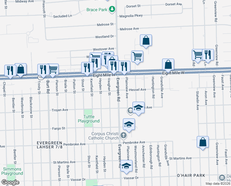 map of restaurants, bars, coffee shops, grocery stores, and more near 20521 Evergreen Road in Detroit