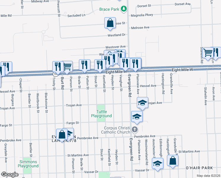 map of restaurants, bars, coffee shops, grocery stores, and more near 20530 Kentfield Street in Detroit