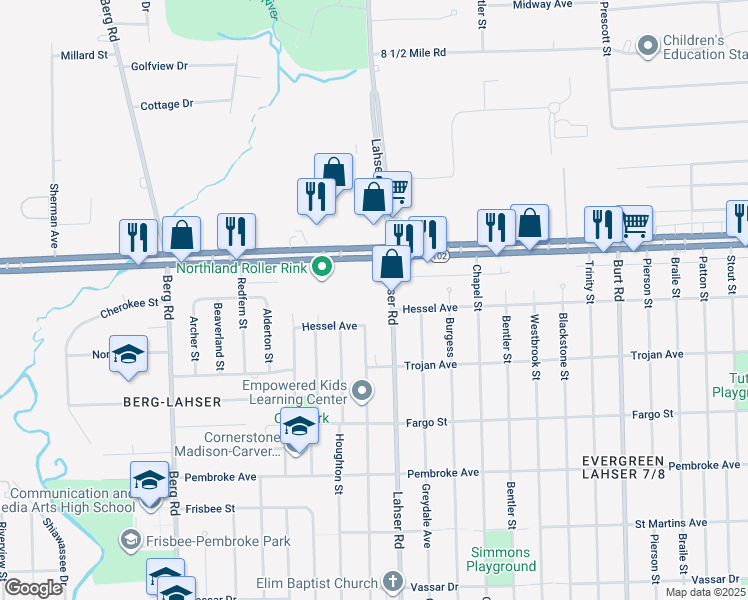 map of restaurants, bars, coffee shops, grocery stores, and more near 22001 Eight Mile Road in Detroit