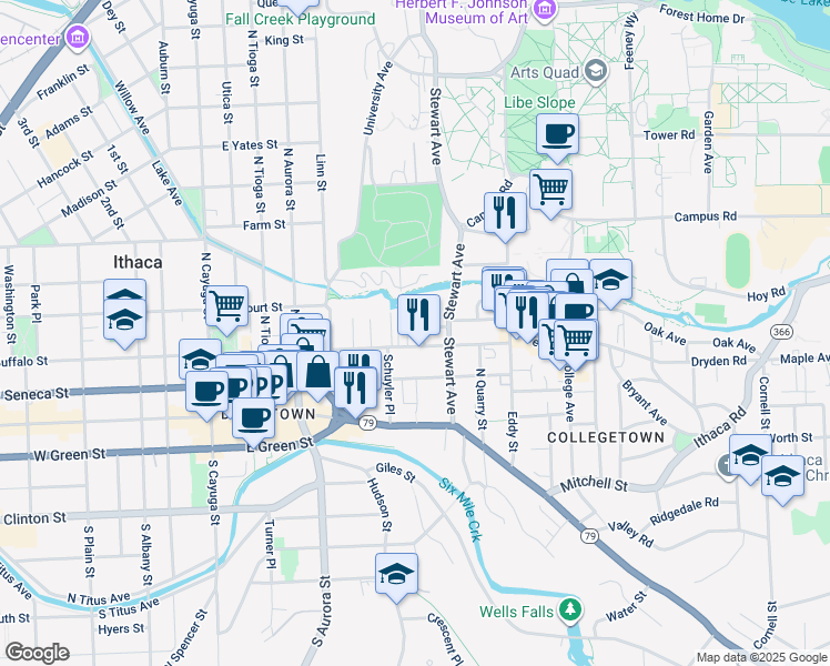 map of restaurants, bars, coffee shops, grocery stores, and more near 105 Dewitt Place in Ithaca