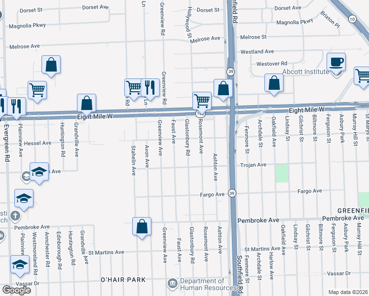 map of restaurants, bars, coffee shops, grocery stores, and more near 20500 Faust Avenue in Detroit