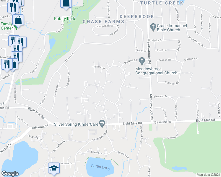 map of restaurants, bars, coffee shops, grocery stores, and more near 21106 West Glen Haven Circle in Northville