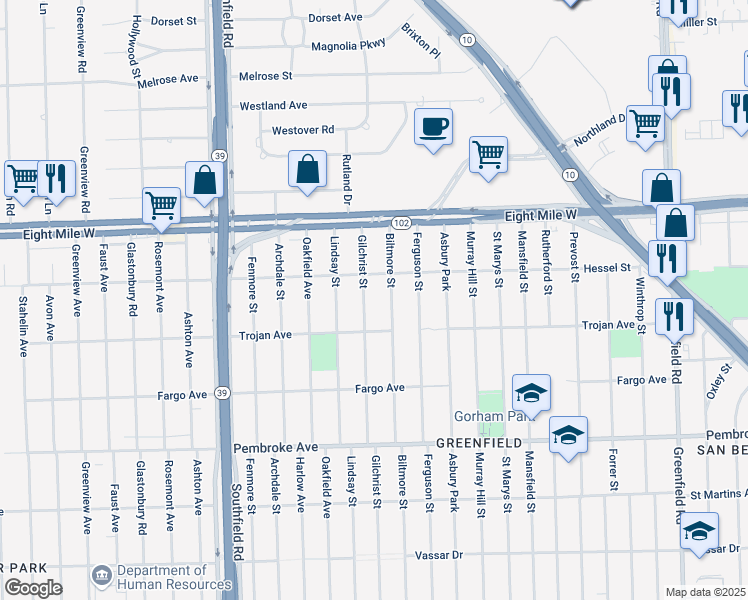 map of restaurants, bars, coffee shops, grocery stores, and more near 20309 Biltmore Street in Detroit