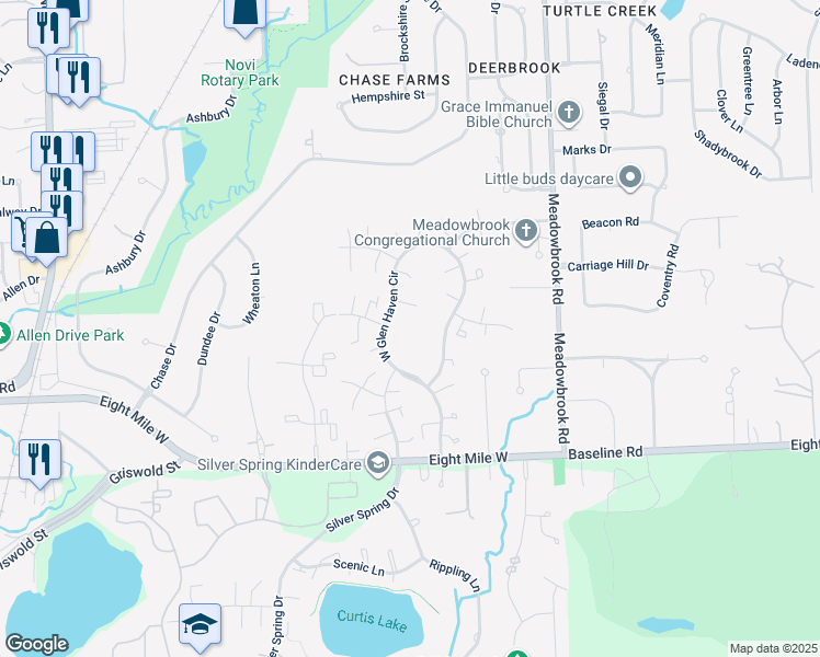 map of restaurants, bars, coffee shops, grocery stores, and more near 21106 West Glen Haven Circle in Northville