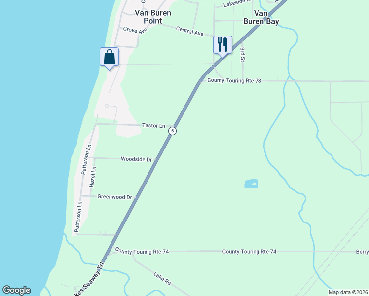 map of restaurants, bars, coffee shops, grocery stores, and more near 5465 West Lake Road in Fredonia