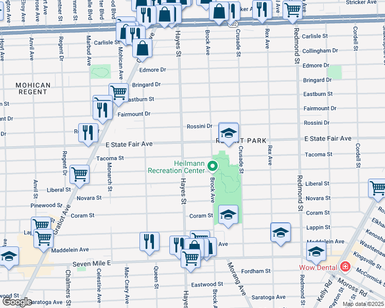 map of restaurants, bars, coffee shops, grocery stores, and more near 15228 East State Fair Avenue in Detroit