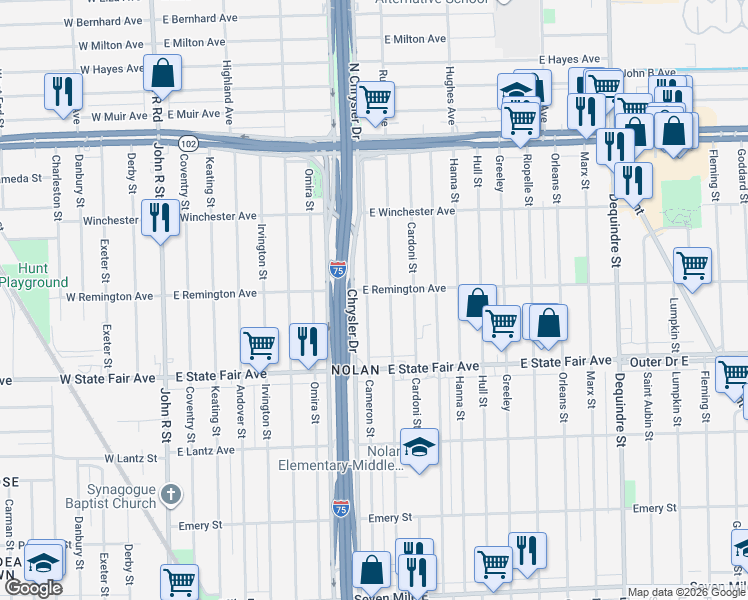 map of restaurants, bars, coffee shops, grocery stores, and more near 20111 Cameron Street in Highland Park