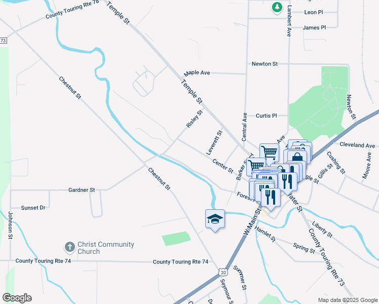 map of restaurants, bars, coffee shops, grocery stores, and more near 150 Center Street in Fredonia