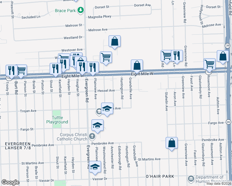 map of restaurants, bars, coffee shops, grocery stores, and more near 20511 Huntington Road in Detroit