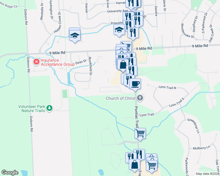 map of restaurants, bars, coffee shops, grocery stores, and more near 22200 Quail Run Circle in South Lyon