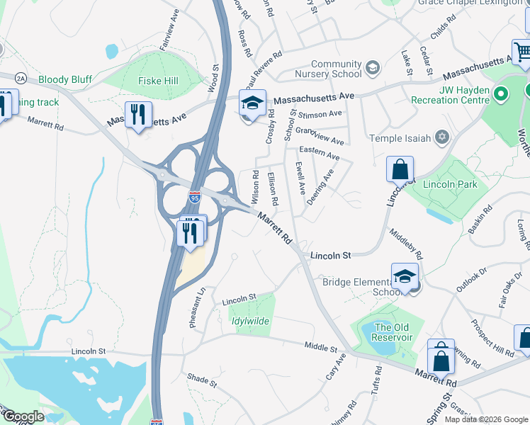 map of restaurants, bars, coffee shops, grocery stores, and more near 8 Ellison Road in Lexington