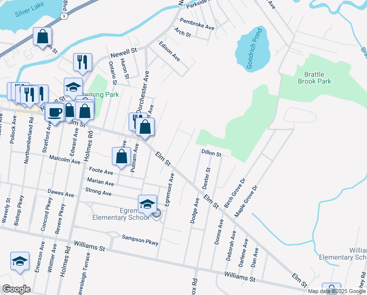 map of restaurants, bars, coffee shops, grocery stores, and more near 50 Cleveland St in Pittsfield