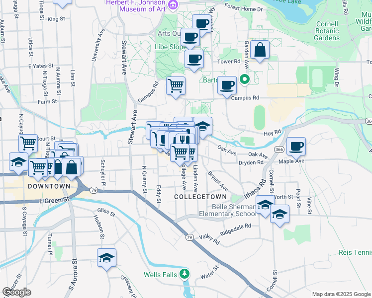 map of restaurants, bars, coffee shops, grocery stores, and more near 403 College Avenue in Ithaca