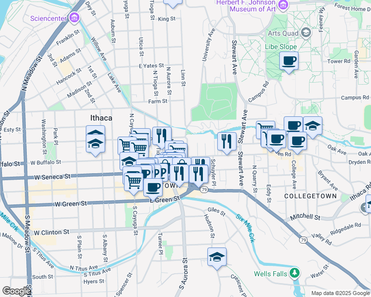 map of restaurants, bars, coffee shops, grocery stores, and more near 406 East Buffalo Street in Ithaca