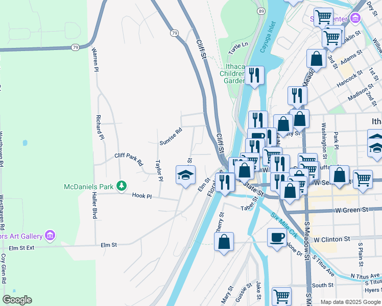 map of restaurants, bars, coffee shops, grocery stores, and more near 126 Chestnut St in Ithaca