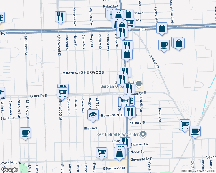 map of restaurants, bars, coffee shops, grocery stores, and more near 19976 Spencer Avenue in Detroit